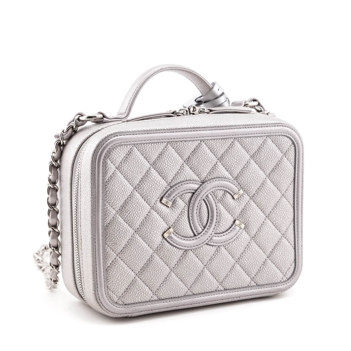 Chanel Metallic Silver Caviar Quilted Medium CC Filigree Vanity Case - Replica Handbag 
 - Replica Handbags 
Best Quality
 Designer Handbags 
Preloved Fashions