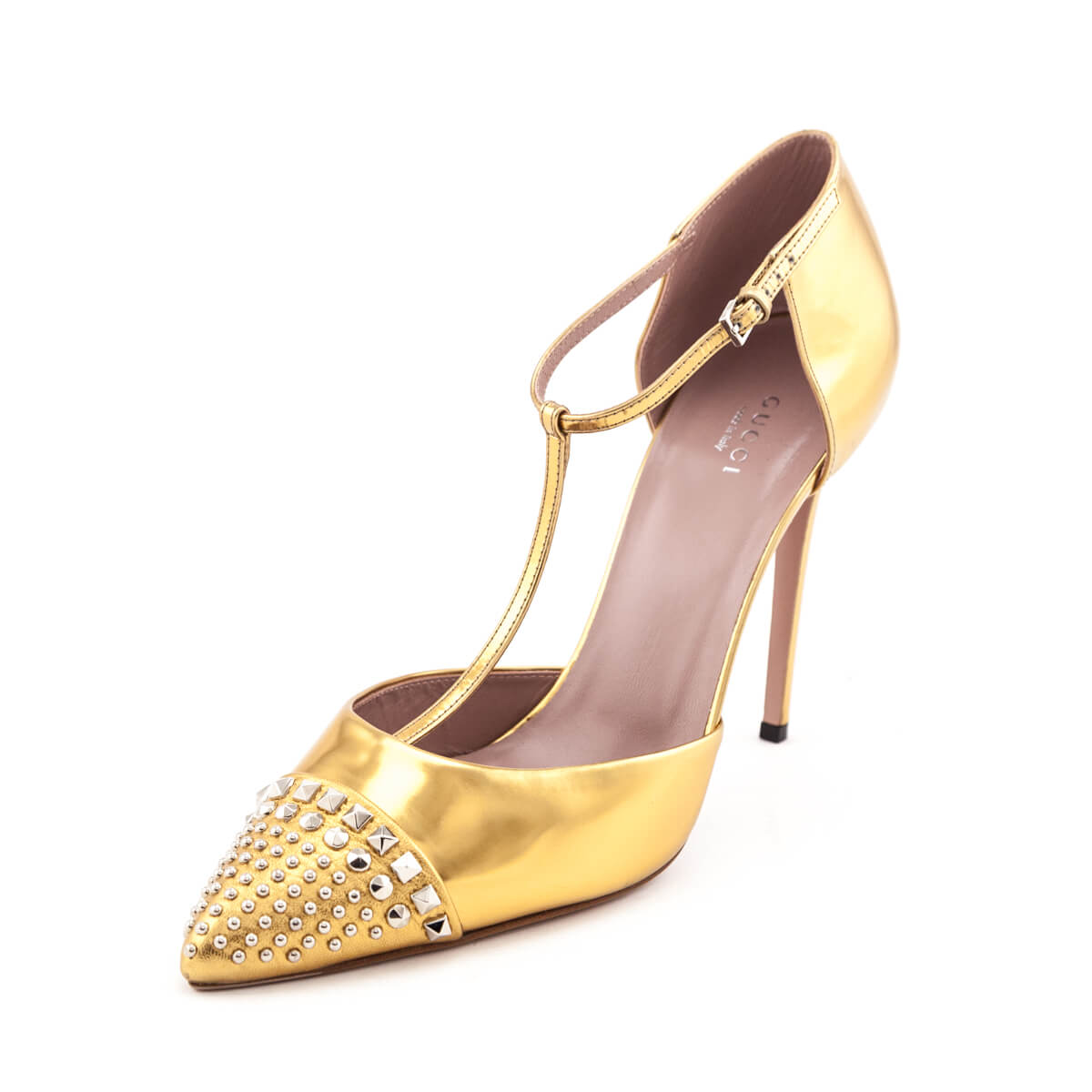 Gucci Gold Studded T-Bar Pumps Size US 11.5 | EU 41.5 - Replica Handbag 
 - Replica Handbags 
Best Quality
 Designer Handbags 
Preloved Fashions