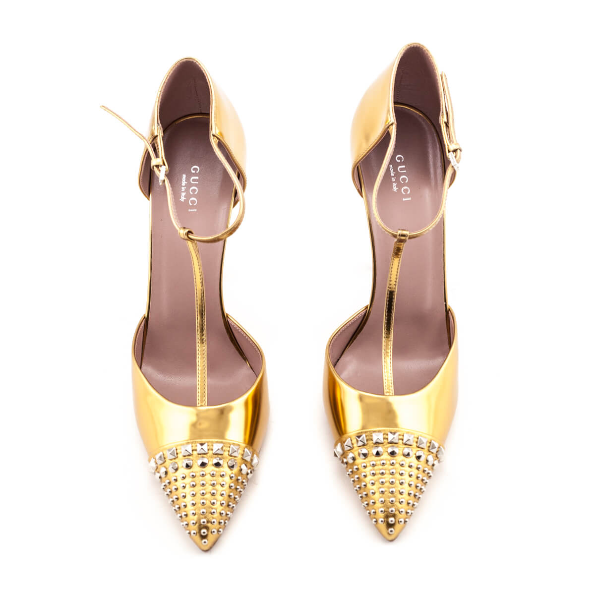 Gucci Gold Studded T-Bar Pumps Size US 11.5 | EU 41.5 - Replica Handbag 
 - Replica Handbags 
Best Quality
 Designer Handbags 
Preloved Fashions