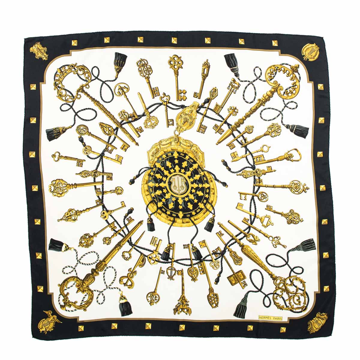 Hermes Black White 
Gold Keys Les Cles Silk Scarf - Replica Handbag 
 - Replica Handbags 
Best Quality
 Designer Handbags 
Preloved Fashions