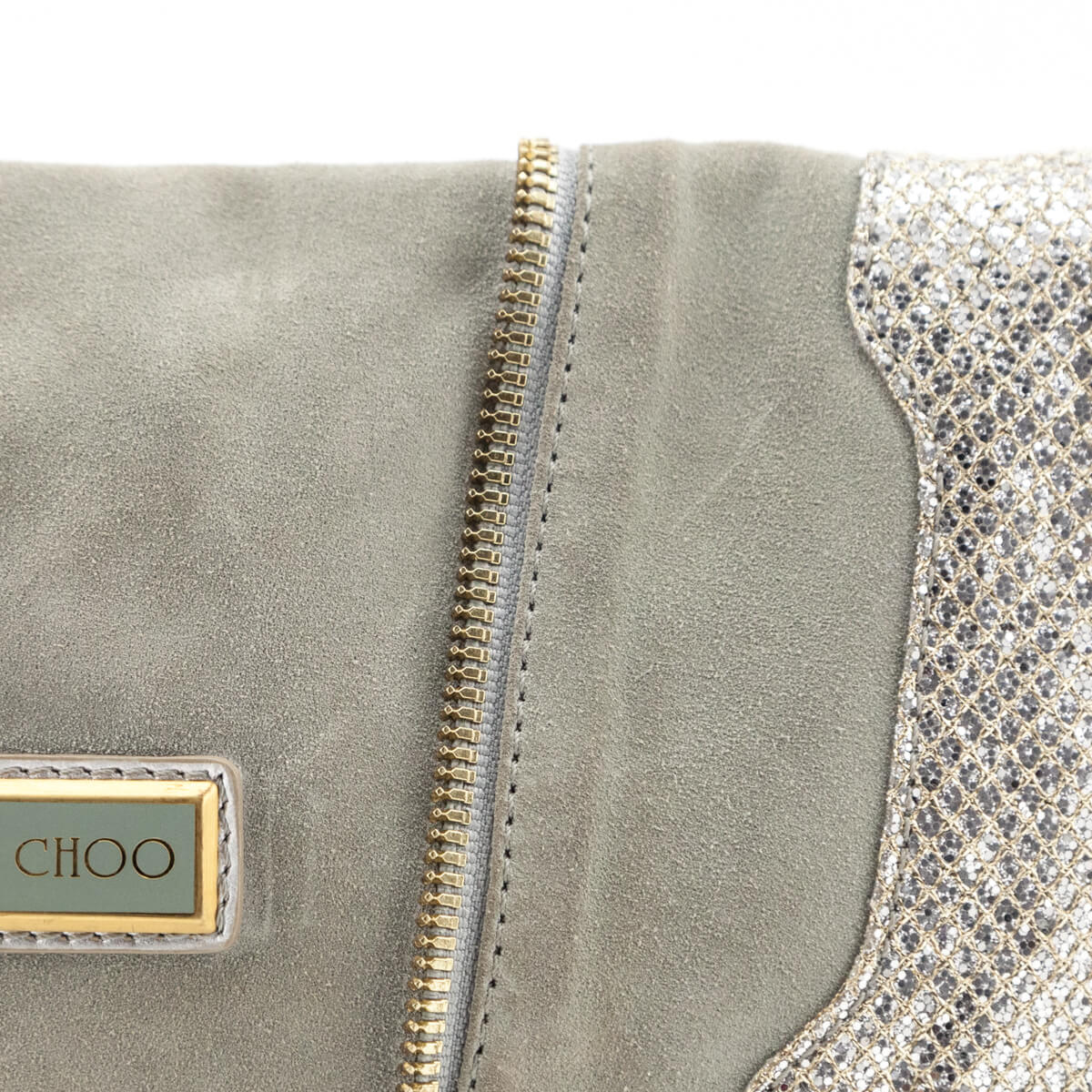 Jimmy Choo Gray Suede 
Silver Glitter Zip Embellished Convertible Clutch - Replica Handbag 
 - Replica Handbags 
Best Quality
 Designer Handbags 
Preloved Fashions