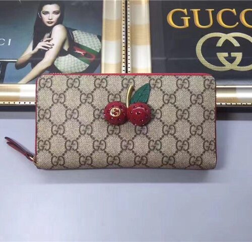High Quality Luxury Gucci GG Supreme Zip Around Wallet With Cherries