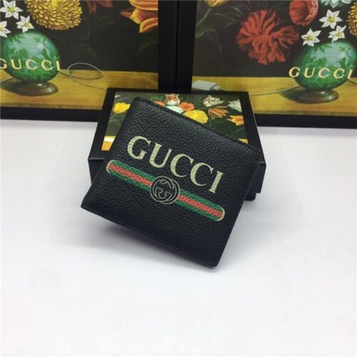 High Quality Luxury Gucci Print Leather Bi-Fold Wallet Black