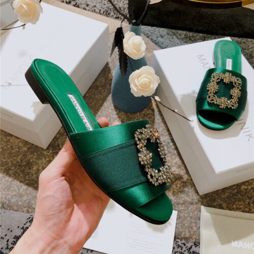 High Quality Luxury Manolo Blahnik Silk Slippers Green alternate view