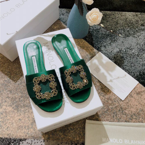 High Quality Luxury Manolo Blahnik Silk Slippers Green