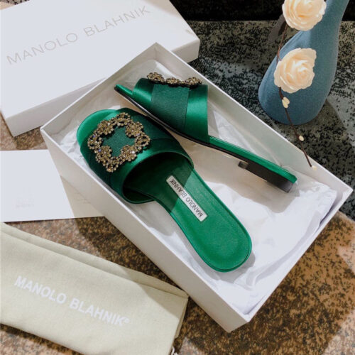 High Quality Luxury Manolo Blahnik Silk Slippers Green product detail
