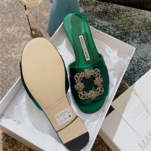 High Quality Luxury Manolo Blahnik Silk Slippers Green product detail