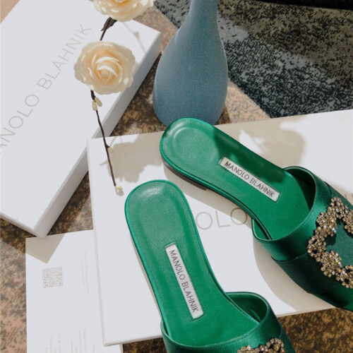 High Quality Luxury Manolo Blahnik Silk Slippers Green product detail