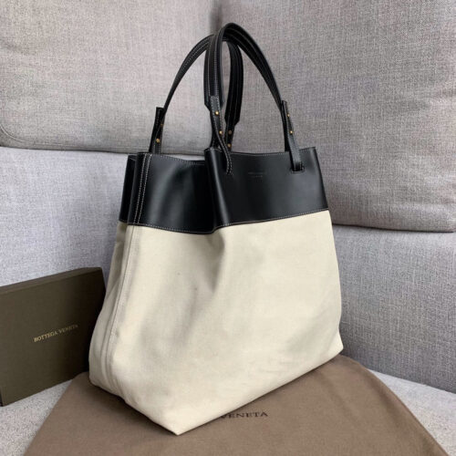 High Quality Luxury Bottega Veneta Quad Leather-Trimmed Canvas Tote Bag In Black White product detail