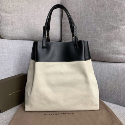 High Quality Luxury Bottega Veneta Quad Leather-Trimmed Canvas Tote Bag In Black White alternate view