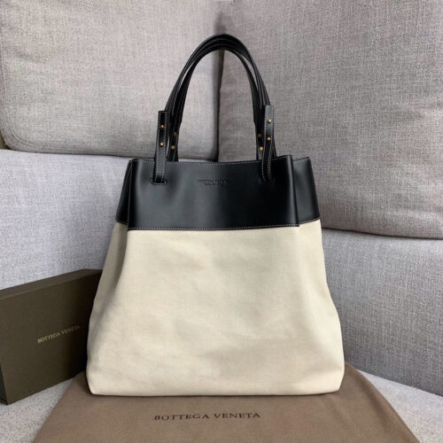 High Quality Luxury Bottega Veneta Quad Leather-Trimmed Canvas Tote Bag In Black White