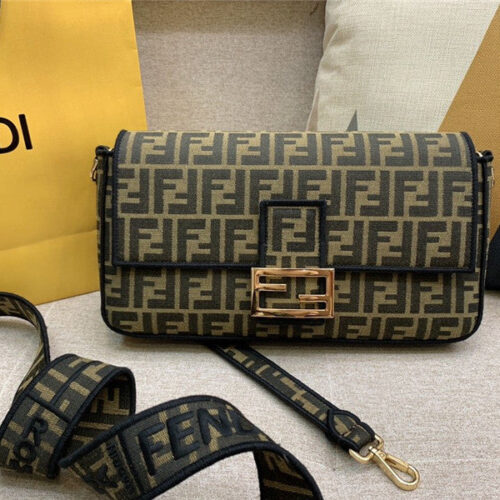 High Quality Luxury Fendi Baguette Jacquard FF Large Brown/Black Bags