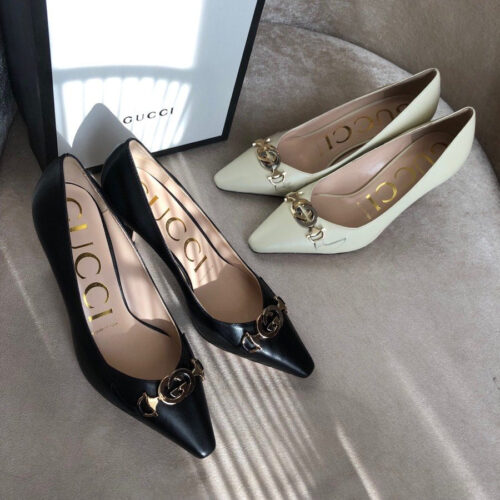 High Quality Luxury Gucci Zumi Mid-Heel Leather Pump Ladies Shoes