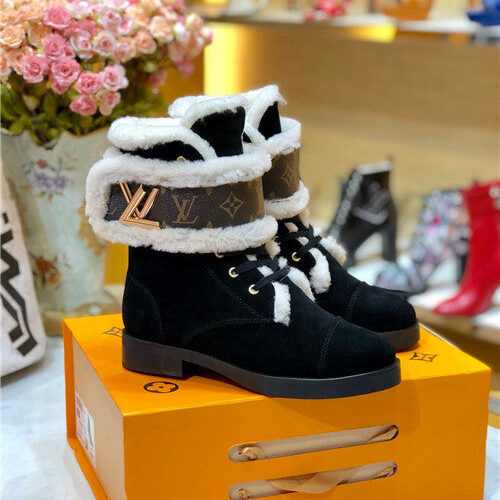 High Quality Luxury Louis Vuitton Ladies Wool Lace Up Boots