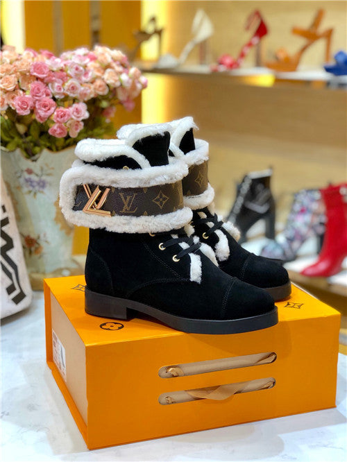 High Quality Luxury Louis Vuitton Ladies Wool Lace Up Boots