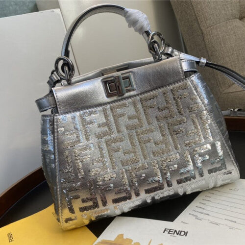 High Quality Luxury Fendi Peekaboo Mini Silver Shoulder Bag alternate view