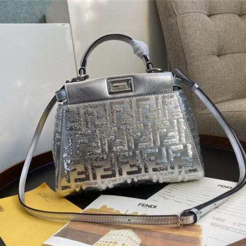 High Quality Luxury Fendi Peekaboo Mini Silver Shoulder Bag