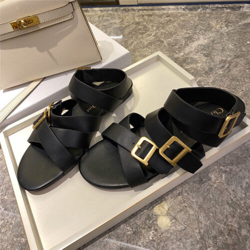 High Quality Luxury Dior Strappy Flat Sandals In Black