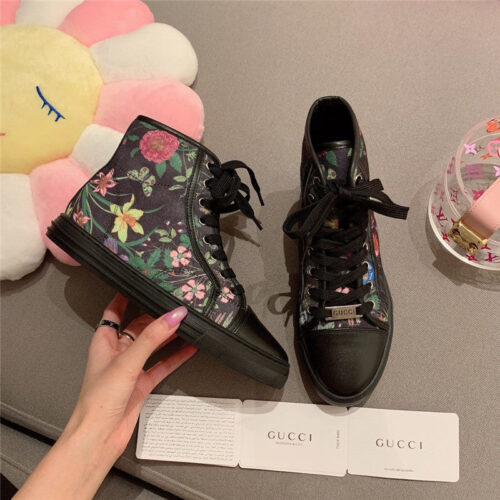 High Quality Luxury Guuci Printed Leather Sneakers Gucci Floral Canvas Shoes In Black alternate view
