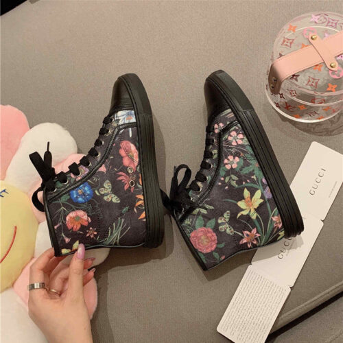High Quality Luxury Guuci Printed Leather Sneakers Gucci Floral Canvas Shoes In Black product detail