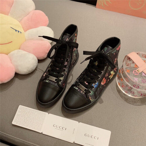 High Quality Luxury Guuci Printed Leather Sneakers Gucci Floral Canvas Shoes In Black