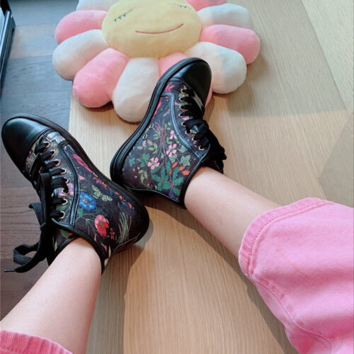 High Quality Luxury Guuci Printed Leather Sneakers Gucci Floral Canvas Shoes In Black product detail