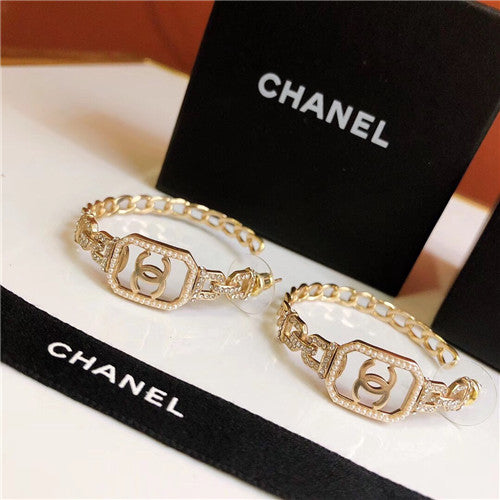 High Quality Luxury Chanel Chain Square Diamond Pearl Stud Earrings