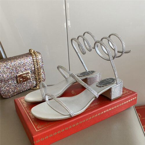 High Quality Luxury Rene Caovilla Satin Snake-Coil Sandals Silver