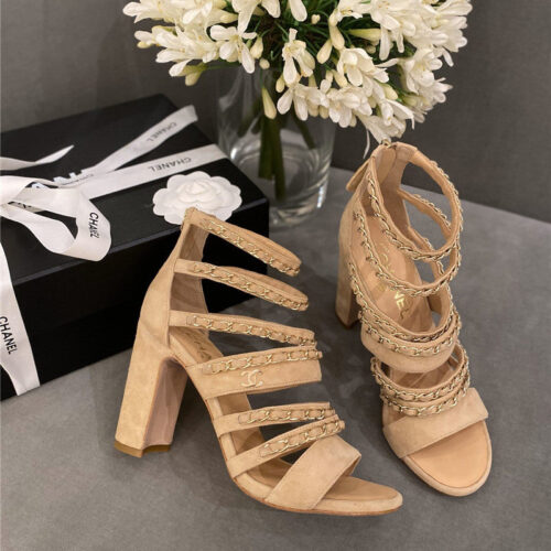 High Quality Luxury Chanel Heels Roman Sandals Apricot
