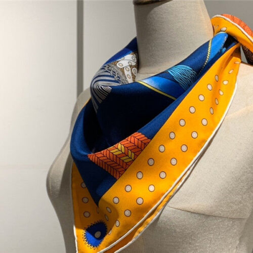 High Quality Luxury Hermes “Noble Saddle” Blue Silk Scarf product detail