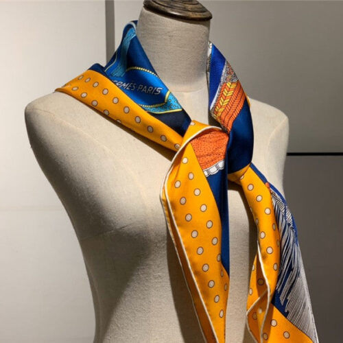 High Quality Luxury Hermes "Noble Saddle" Blue Silk Scarf