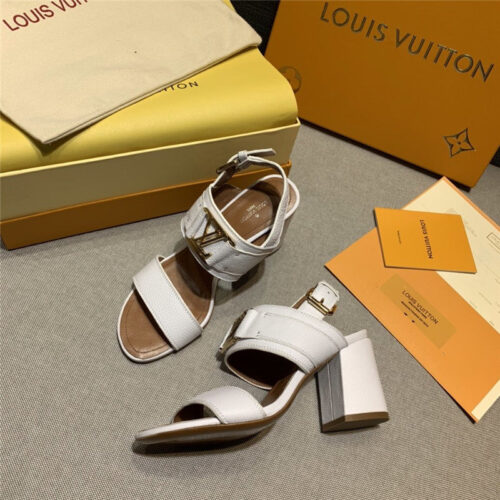 High Quality Luxury LV Block Heel Sandals Women White
