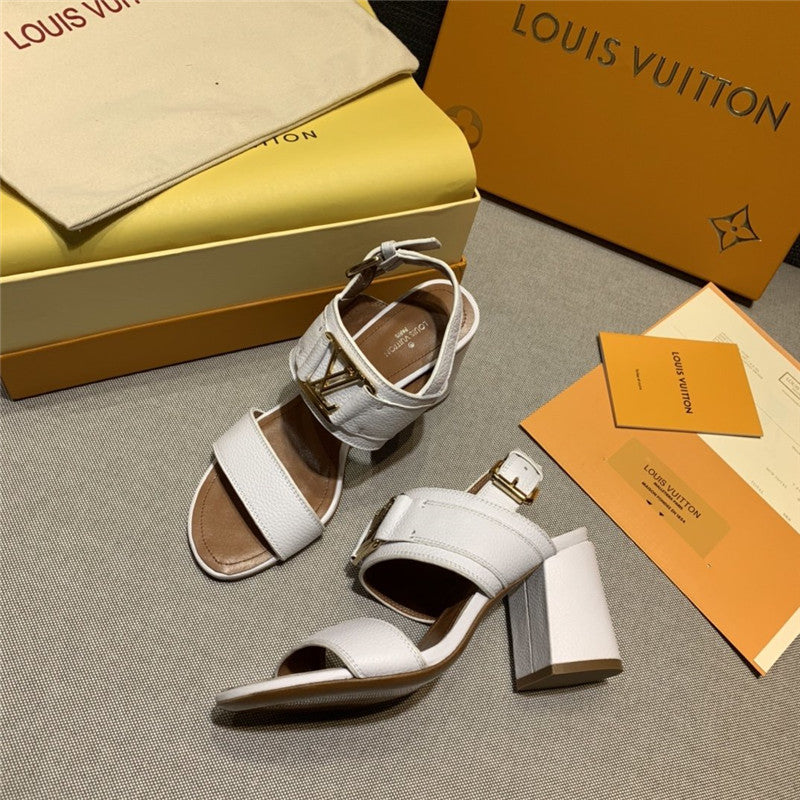 High Quality Luxury LV Block Heel Sandals Women White
