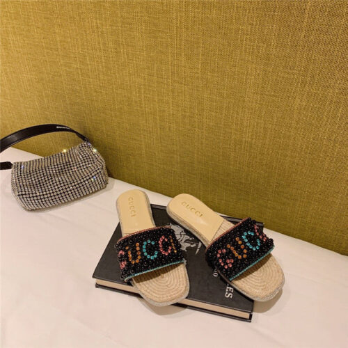 High Quality Luxury Gucci Pearl Slippers Black