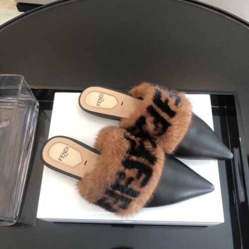 High Quality Luxury Fendi FF Mules Sandals Mink Hair