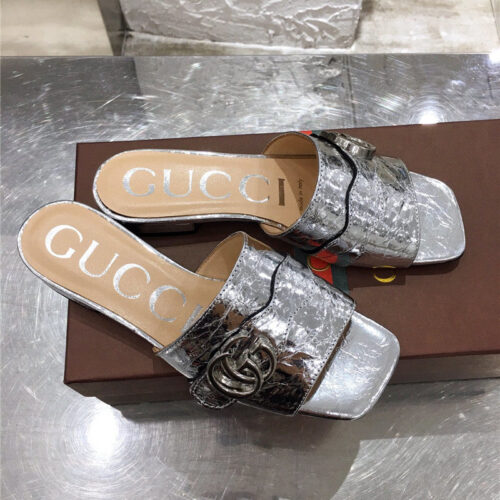 High Quality Luxury Gucci GG Slippers Women Silver