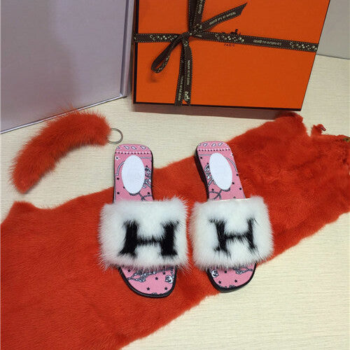High Quality Luxury Hermes Mink Slippers Shoes product detail