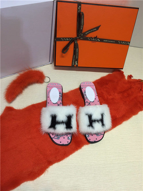 High Quality Luxury Hermes Mink Slippers Shoes product detail