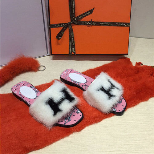 High Quality Luxury Hermes Mink Slippers Shoes