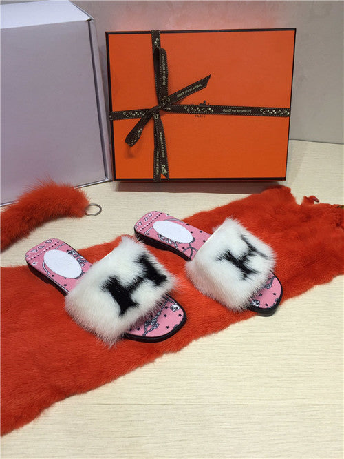 High Quality Luxury Hermes Mink Slippers Shoes
