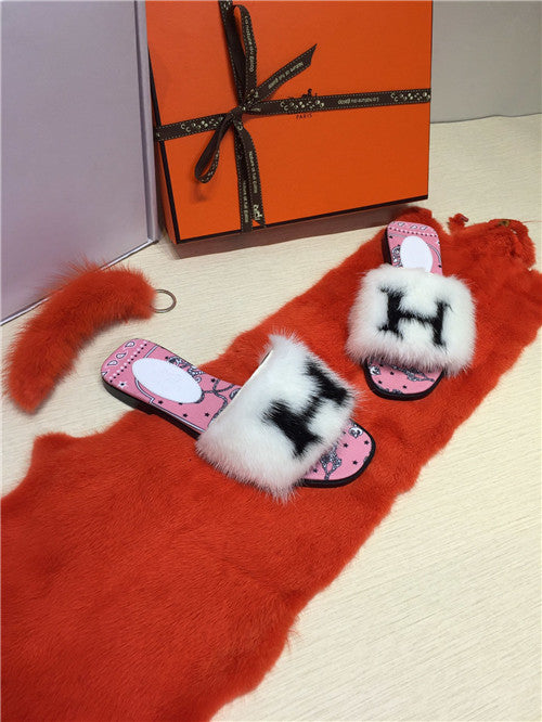 High Quality Luxury Hermes Mink Slippers Shoes product detail