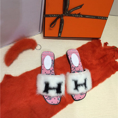 High Quality Luxury Hermes Mink Slippers Shoes product detail