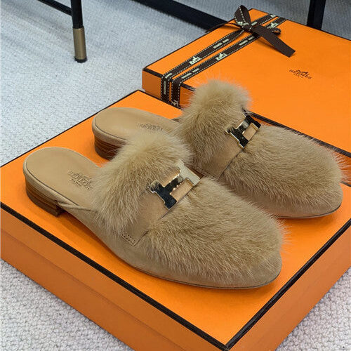 High Quality Luxury Hermes Mink Loafers Slippers