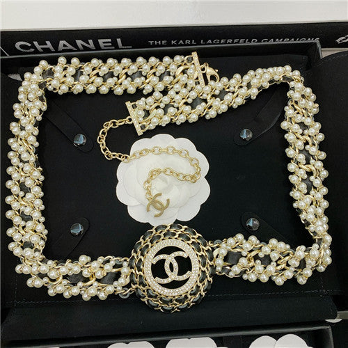 High Quality Luxury Chanel Pearl Diamond Leather Belt