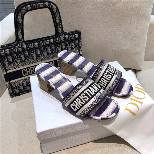 High Quality Luxury Dior Embroidered Chunky Heel Slippers