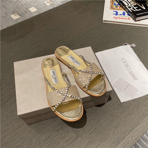 High Quality Luxury Jimmy Choo Rhinestone Flat Slippers – Style 50743