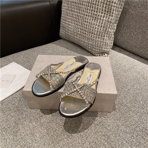 High Quality Luxury Jimmy Choo Rhinestone Flat Slippers