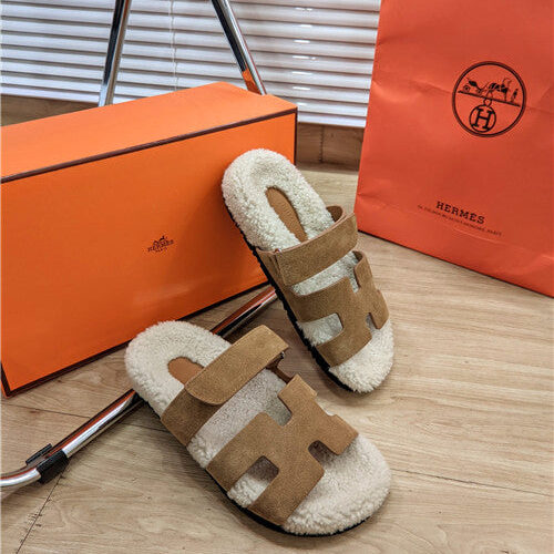High Quality Luxury Hermes Lamb Wool Flat Slippers