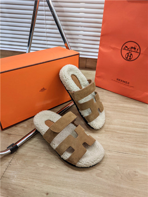 High Quality Luxury Hermes Lamb Wool Flat Slippers