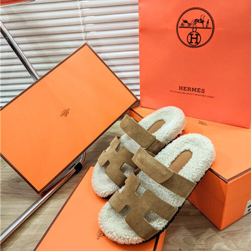 High Quality Luxury Hermes Lamb Wool Flat Slippers alternate view